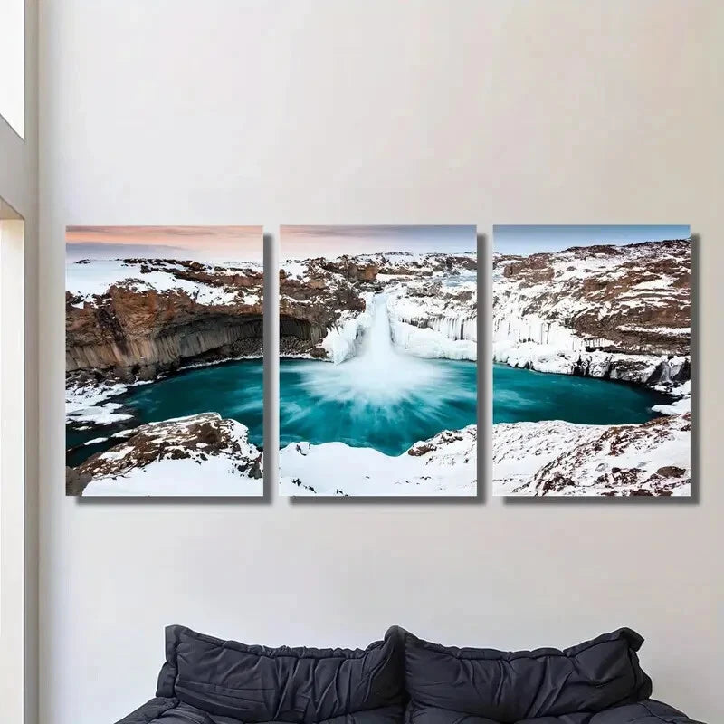 3-Piece Iceland Waterfall Winter Snow Scene Metal Wall Art - Ready to Hang Nordic Landscape Prints for Living Room, Bedroom & Office Decor