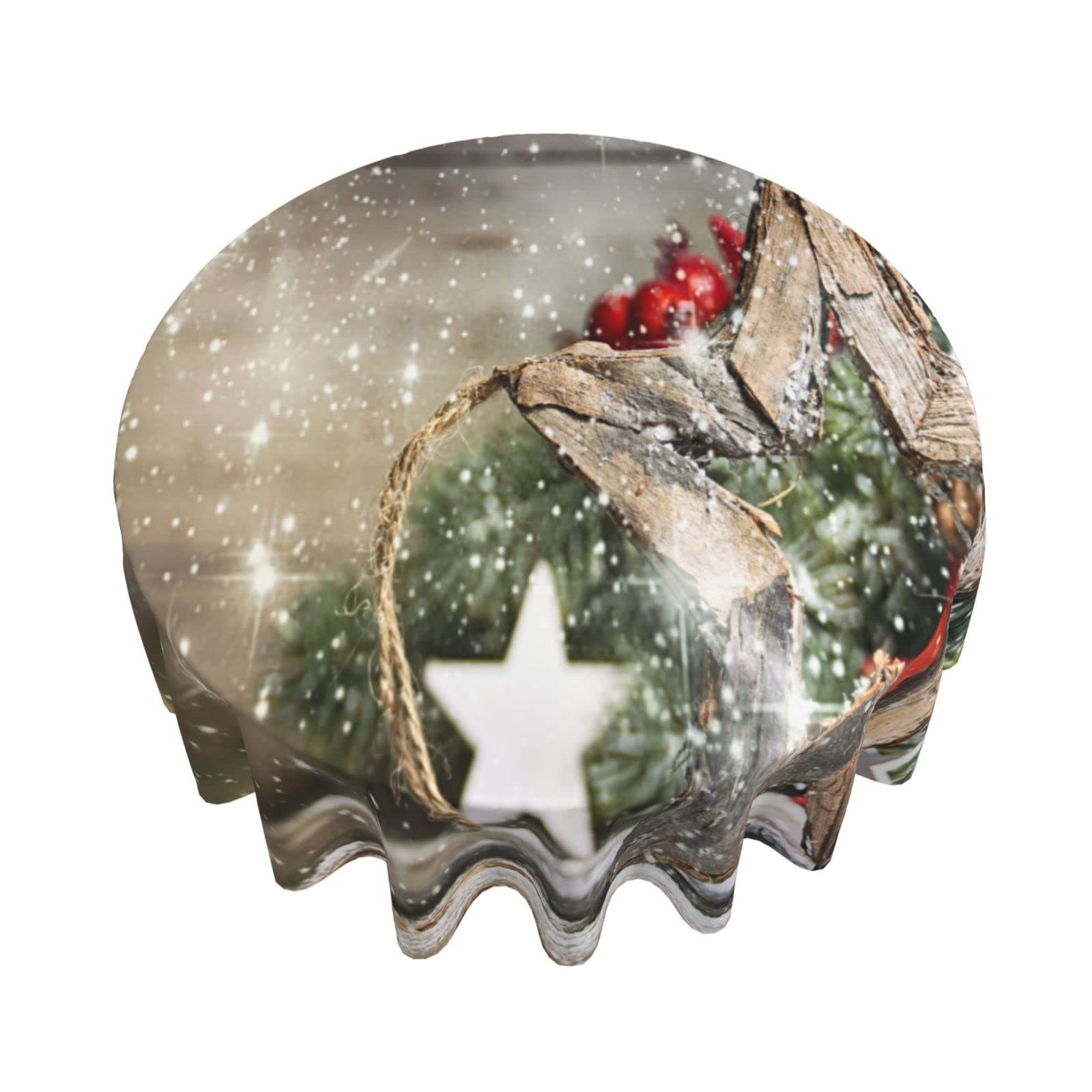 Wozukia 60 Inch Round Christmas Tablecloth - Snowflake & Pine Tree Design with Wooden Background for Holiday Dining, Parties & Indoor/Outdoor Decor | Perfect for Christmas Dinner, Winter Gatherings & Festive Home Decoration