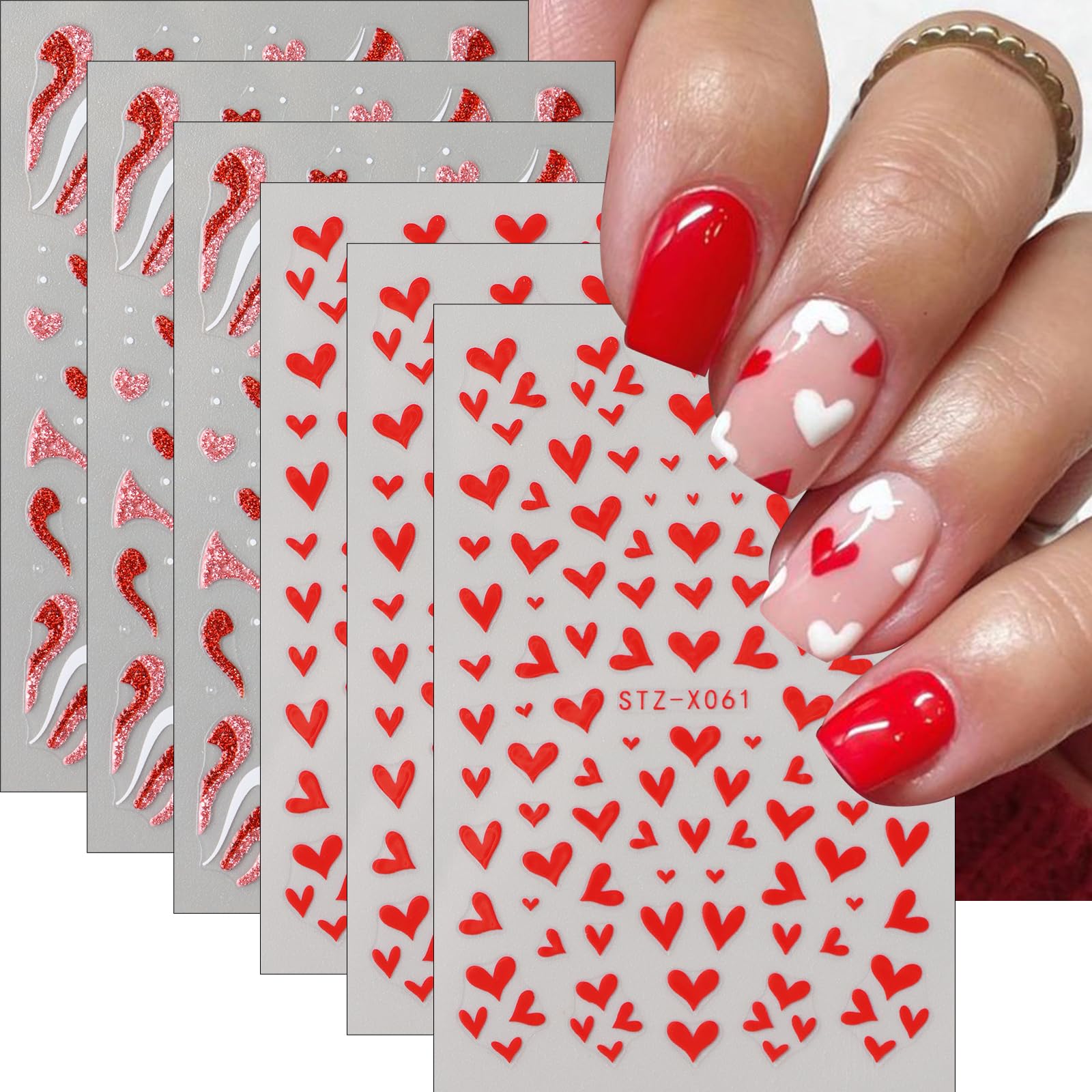 Valentine's Red Heart Nail Stickers - 6 Sheets 3D Nail Art for Women & Girls