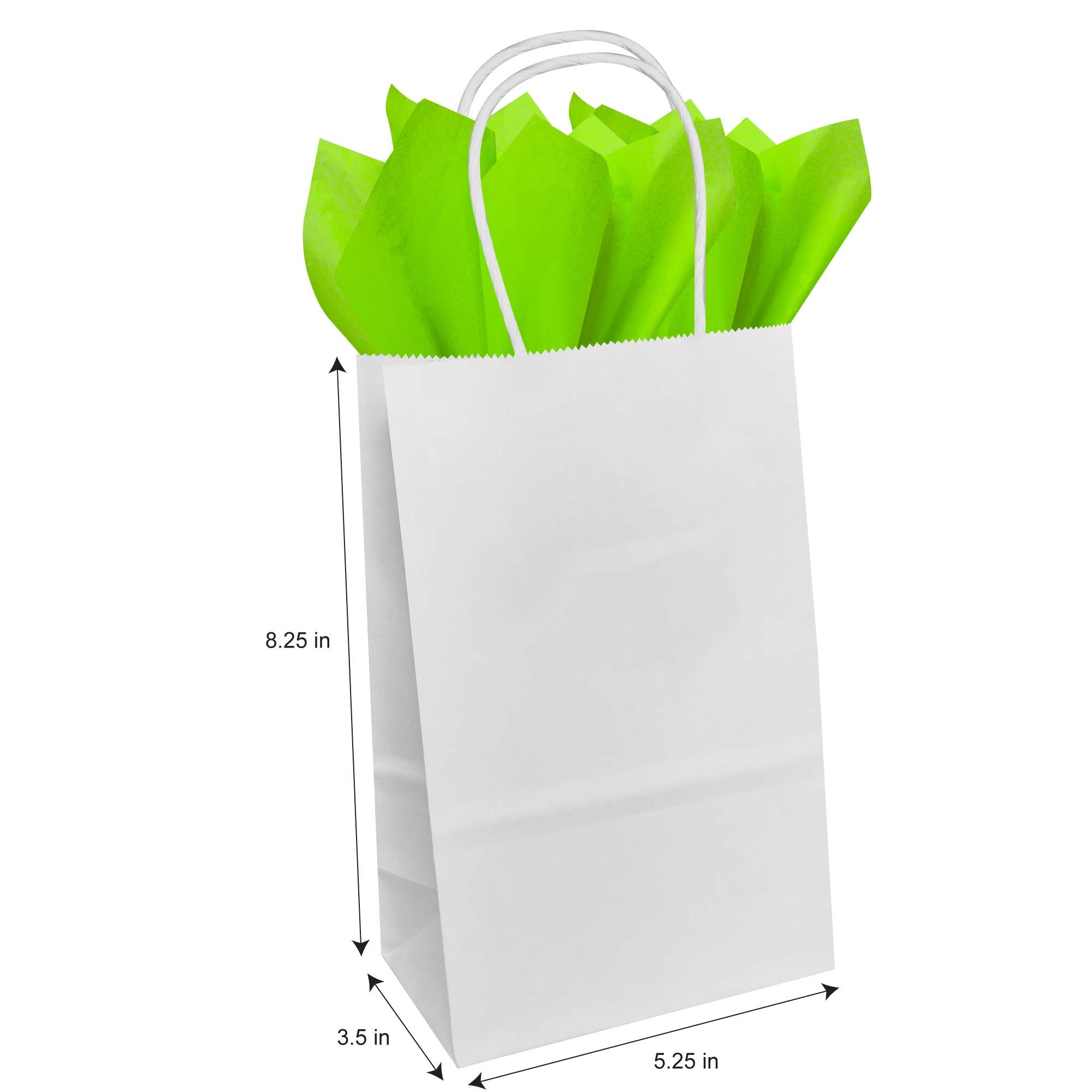 Eco-Friendly White Kraft Paper Gift Bags with Lime Green Tissue Wrap - 5.25
