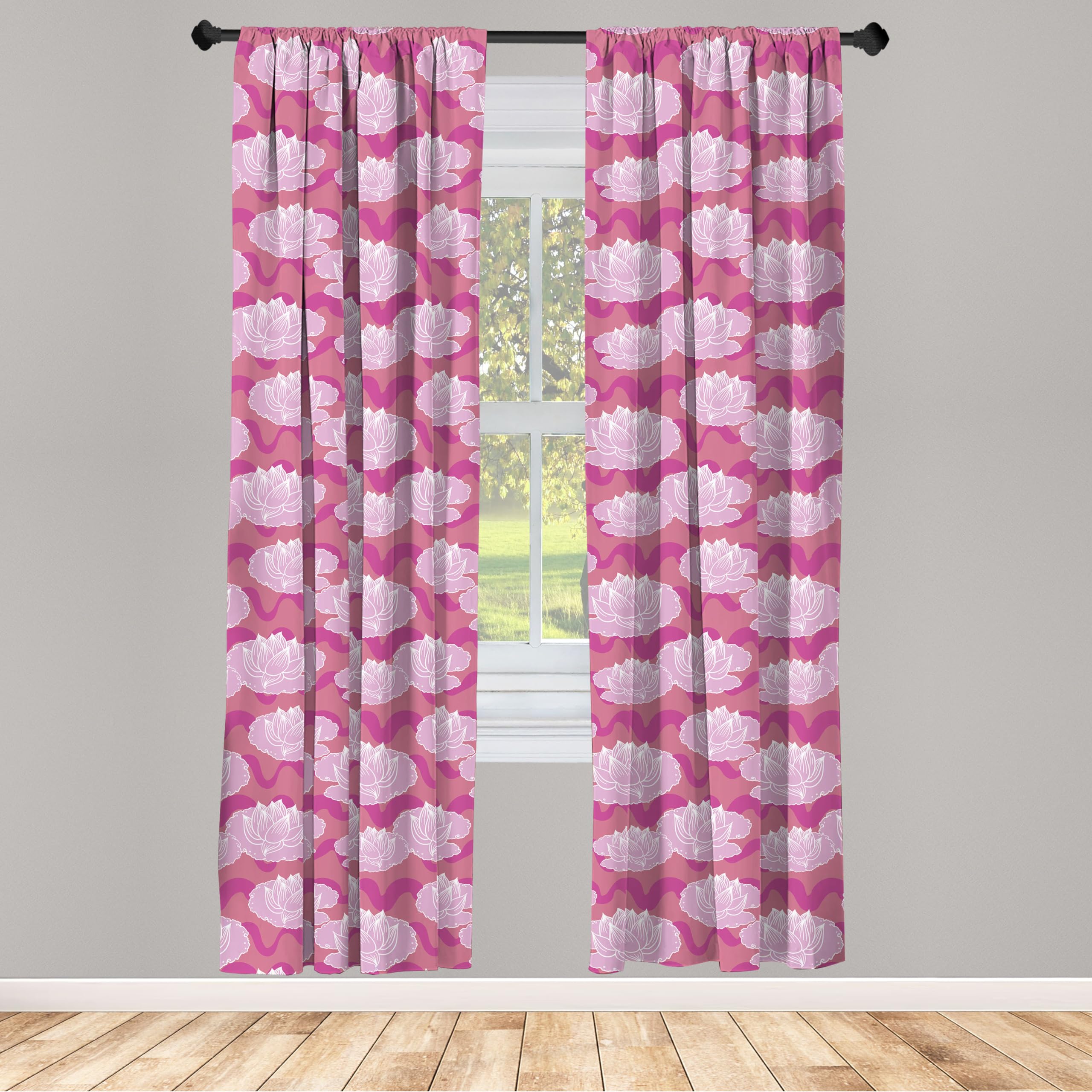 Ambesonne Lotus Curtains - Japanese Folklore Waterlilies Floral Design on Swirled Backdrop, 2 Panel Window Treatments for Living Room & Bedroom (28