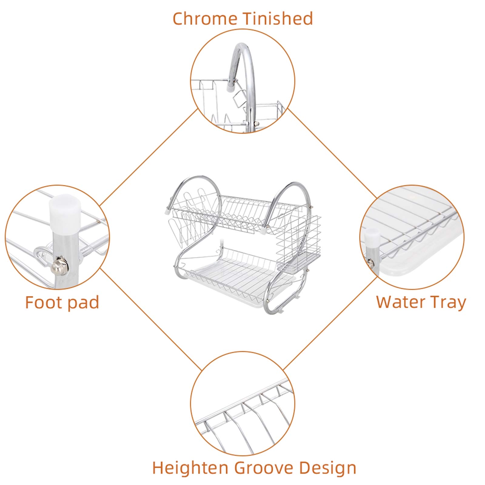 Premium 2-Tier Large Dish Drying Rack with Drainboard - Space-Saving Kitchen Counter Organizer with Utensil Holder & Cup Holder (15.8