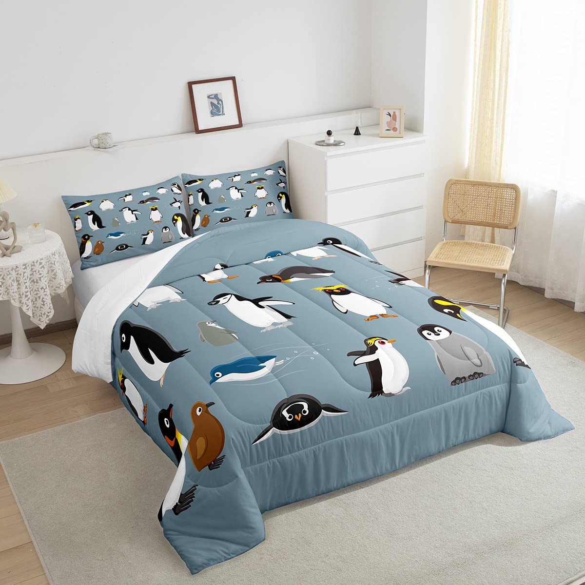 Erosebridal Antarctica Penguins Bedding Set for Boys & Kids - Full Size Wildlife Animal Comforter Set with Cartoon Little Penguins, Cute Wild Safari Theme Quilted Duvet Cover - Perfect for Kids' Bedroom Decor & Wildlife Themed Nursery