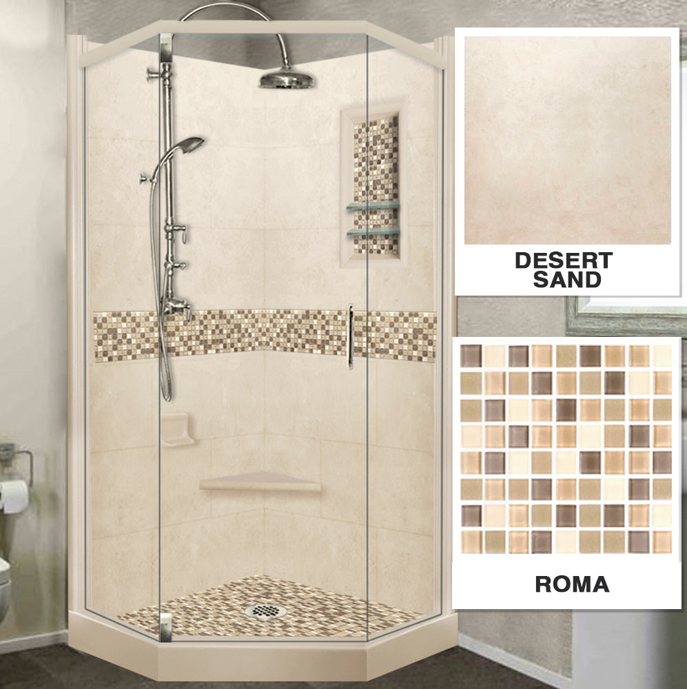 Neo Angle Desert Sand Sistine Stone & Roma Mosaic DIY Shower Remodel Kit - Perfect for Bathroom Renovation and Modern Shower Tile Installation