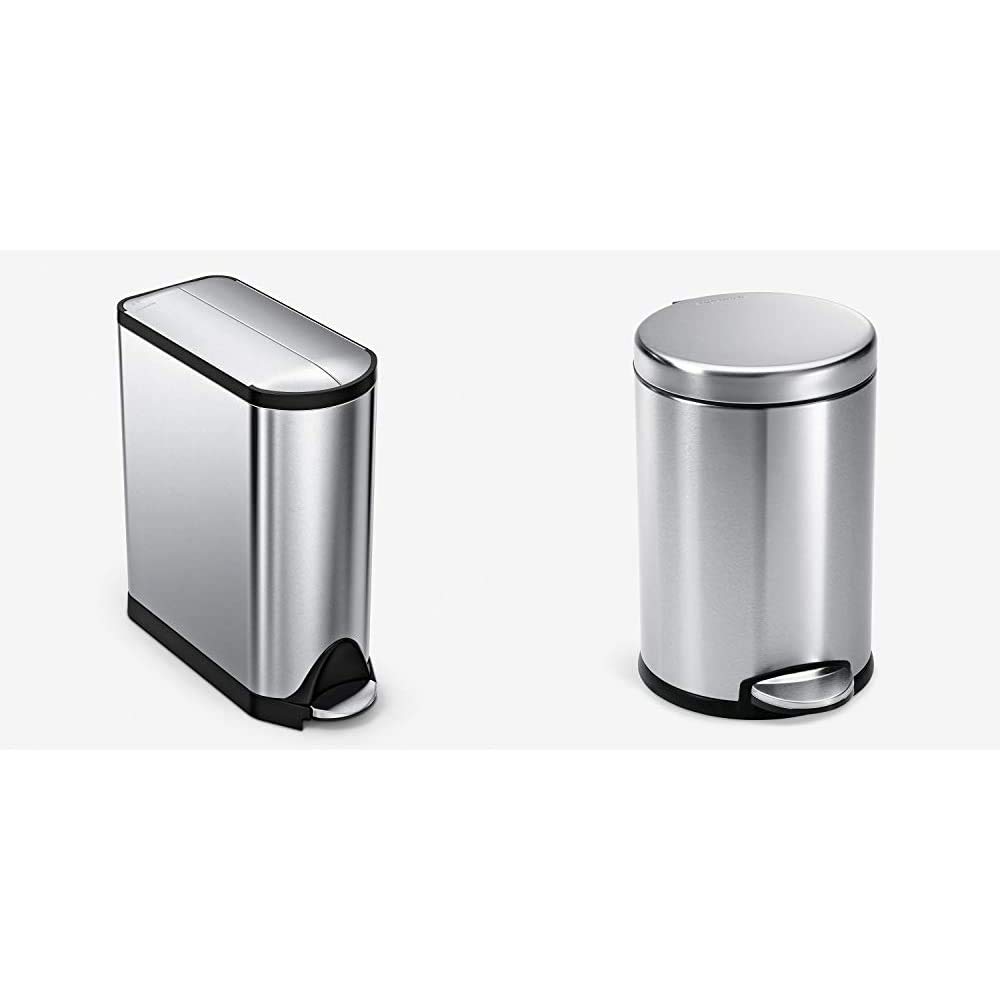 SimpleHuman 40L/10.6Gallon Stainless Steel Dual Compartment Step Trash Can with Butterfly Lid - Kitchen & Bathroom Waste Bin, 4.5L/1.2Gallon Round Step Can - Perfect for Recycling, Food Waste & Household Garbage Disposal