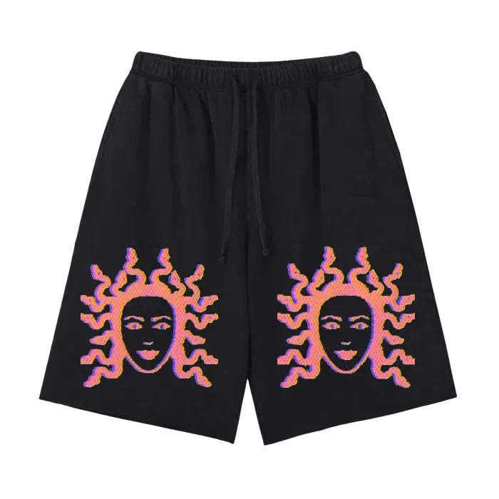 Premium Medusa Print Vintage Washed Shorts - High-End Scattered Edge Design, 350 GSM Heavyweight Cotton for Men & Women | Perfect for Summer, Beach, and Casual Streetwear