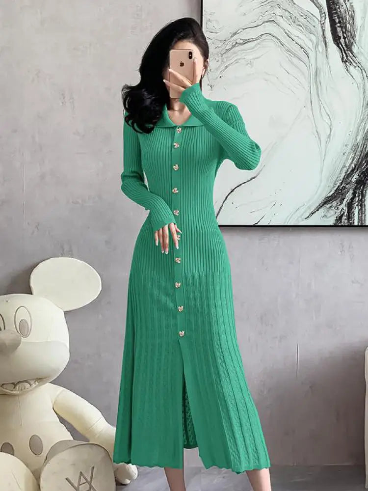 Autumn 2024 Women's Elegant Black & Beige Knit Long Dress - Single Breasted Office Wear with Long Sleeves & Pleated Design | Perfect for Business Meetings, Work Attire & Formal Occasions