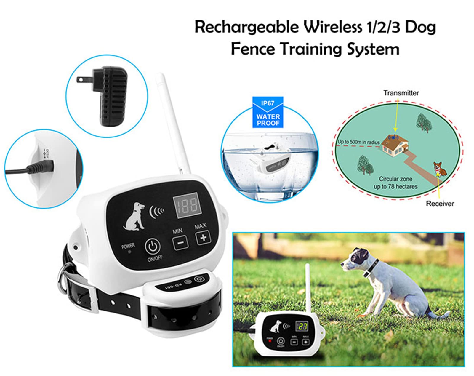 Wireless Dog Fence System - Adjustable Electric Pet Containment with IP67 Waterproof Training Collar (Safe & Harmless for Dogs) - Ideal for Backyard, Large Yards & Multi-Dog Homes (1/2/3 Dogs)