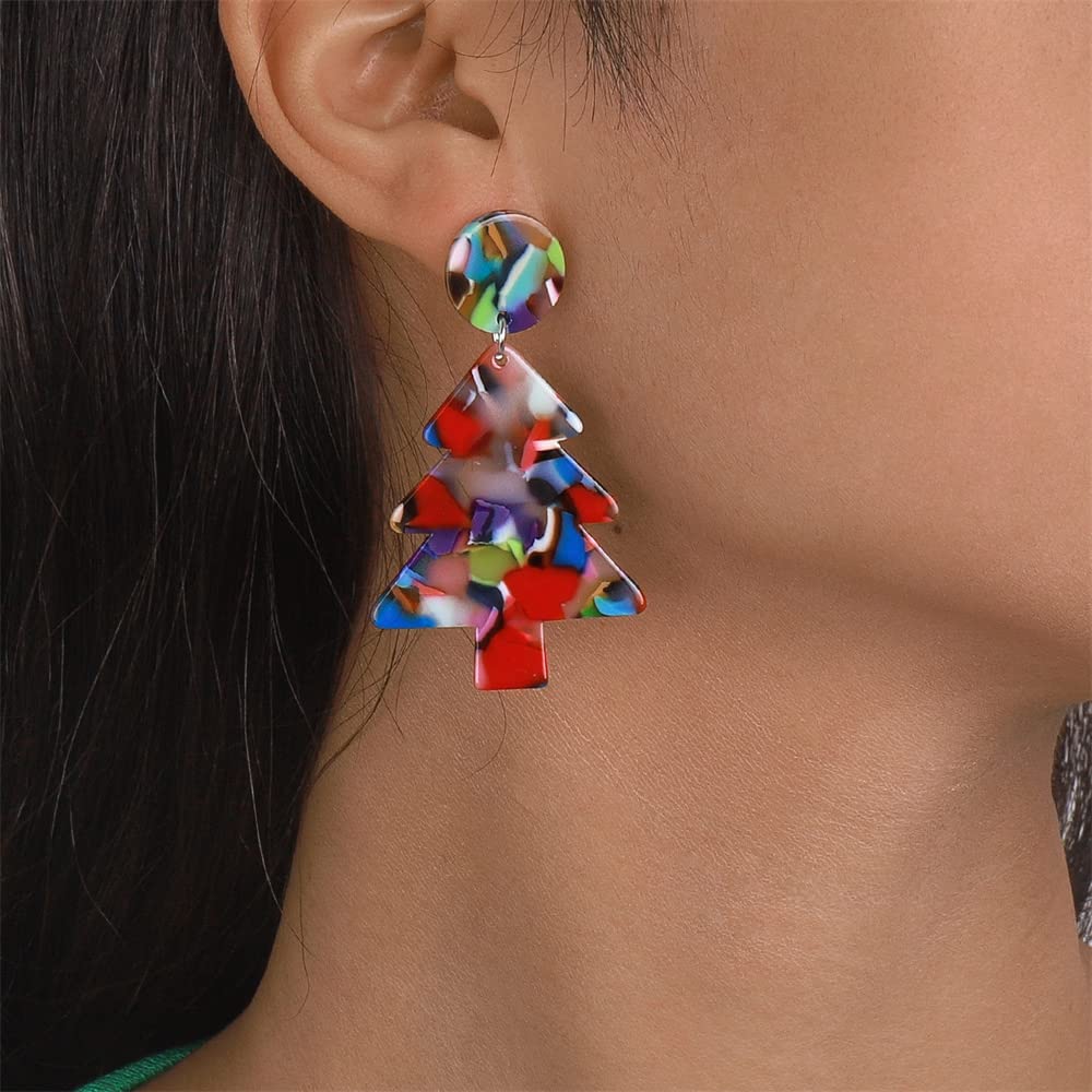 Lightweight Acrylic Christmas Tree Dangle Earrings for Women - Festive Holiday Drop Earrings with Round Triangle Design, Bohemian Retro Jewelry Gift for BFF, Daughter, Sister - Perfect for Christmas Parties, Office Celebrations & Festive Gatherings
