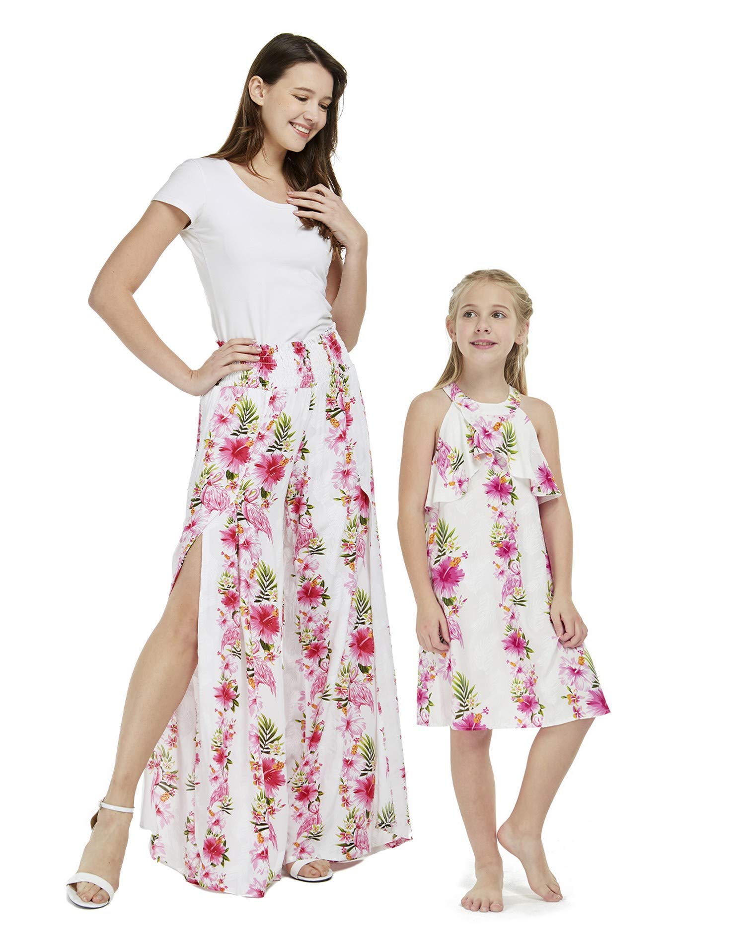 Hawaiian Luau Matching Outfit Set - Pink & White Hibiscus Vine Mother Daughter Pants and Ruffle Dress for Beach Party, Family Vacation & Tropical Photo Shoots