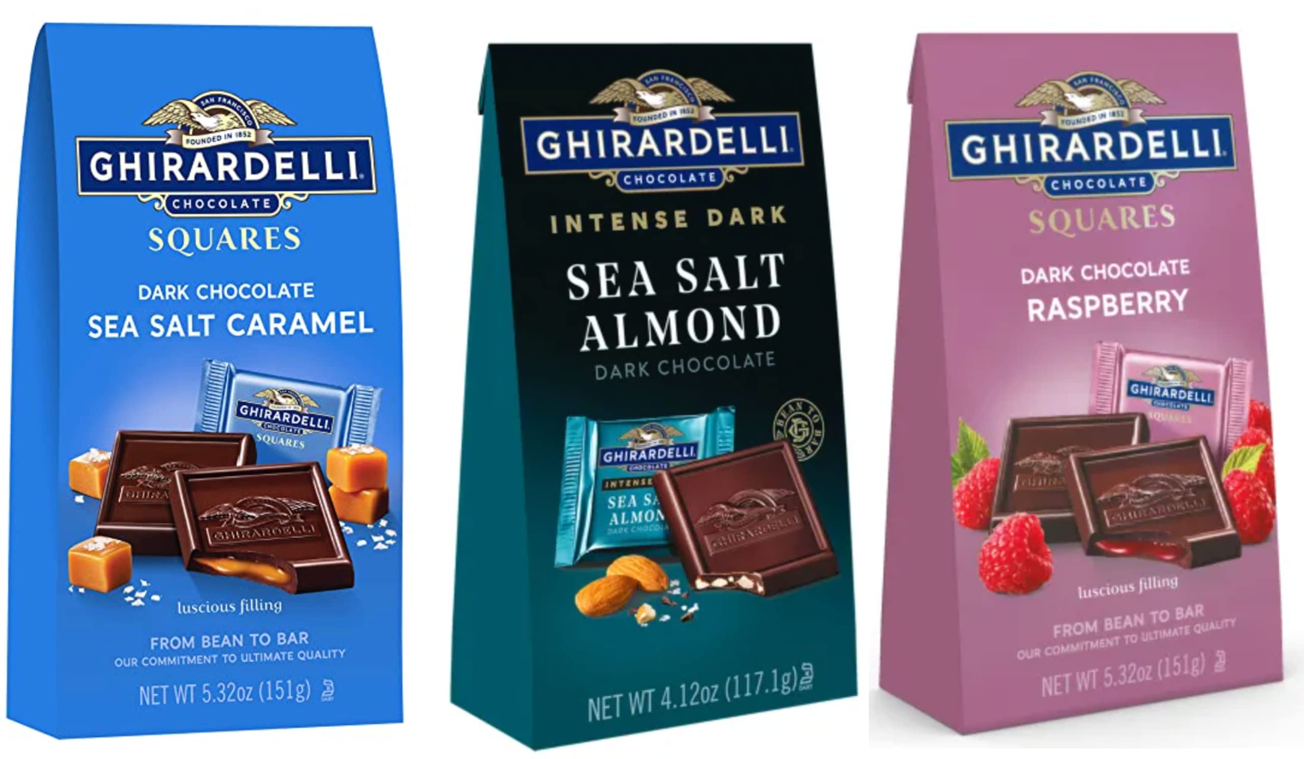 Ghirardelli Dark Chocolate Variety Pack - Sea Salt Caramel, Intense Dark, Raspberry for Gifts & Desserts