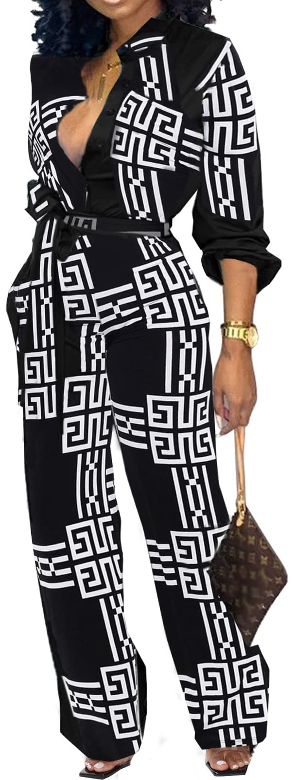 Elegant Women's V-Neck Long Sleeve Jumpsuit - Business Casual & Clubwear Romper with Straight Leg Pants | Perfect for Office, Night Out & Special Occasions