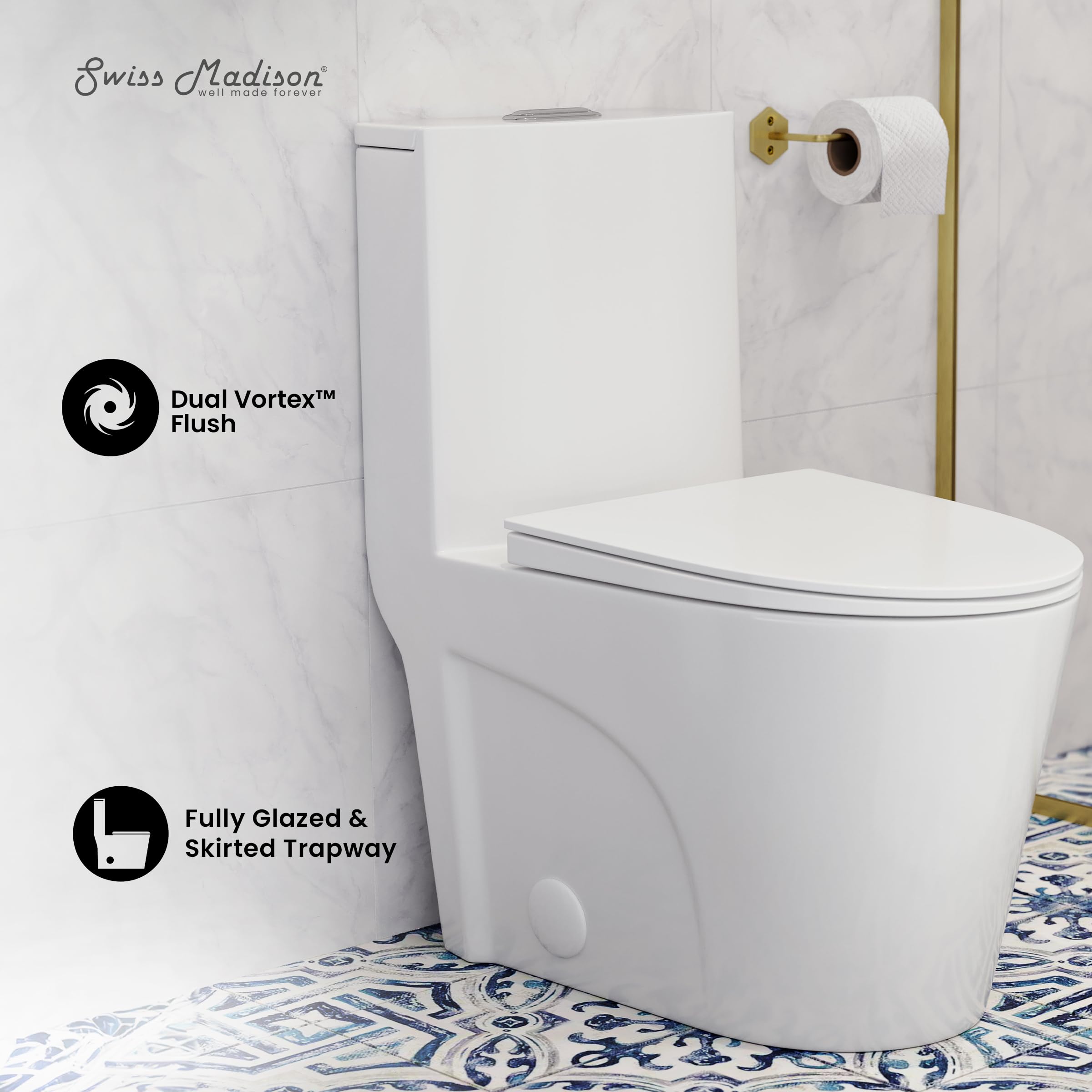 Swiss Madison St. Tropez One Piece Elongated Toilet - Dual Vortex Flush 1.1/1.6 GPF, 10