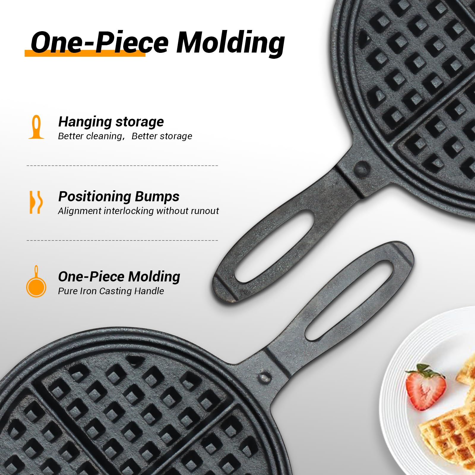Premium 8-Inch Cast Iron Stovetop Waffle Maker - Heavy Duty, Fast Heating, Uncoated Surface - Rustic Round Belgian Waffle Iron for Camping, Home Kitchen & Outdoor Cooking
