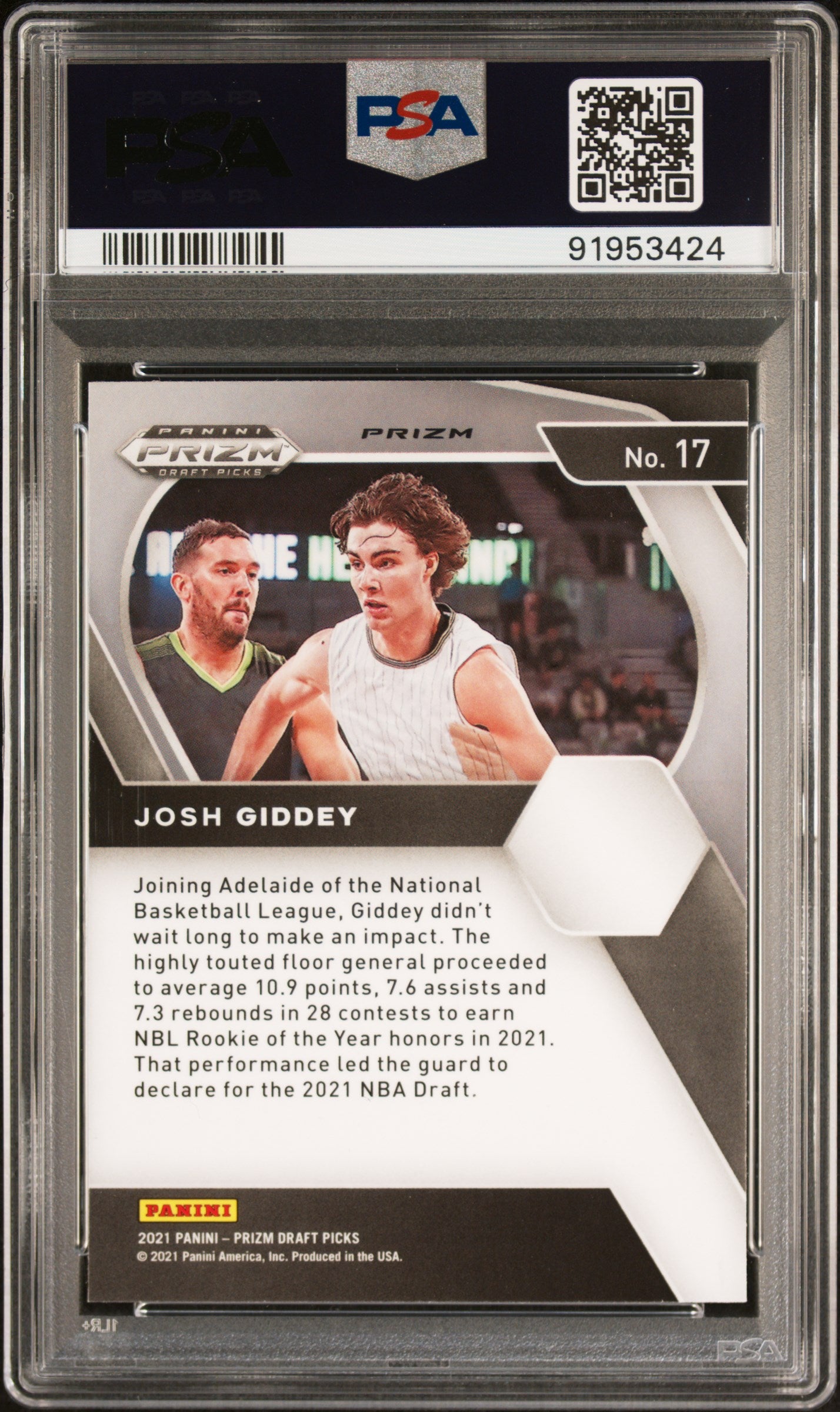 2021 Panini Prizm Draft Picks Josh Giddey Orange Ice Prizm #17 PSA 10 Gem Mint Rookie Card - Basketball Collectible for Investors & Fans