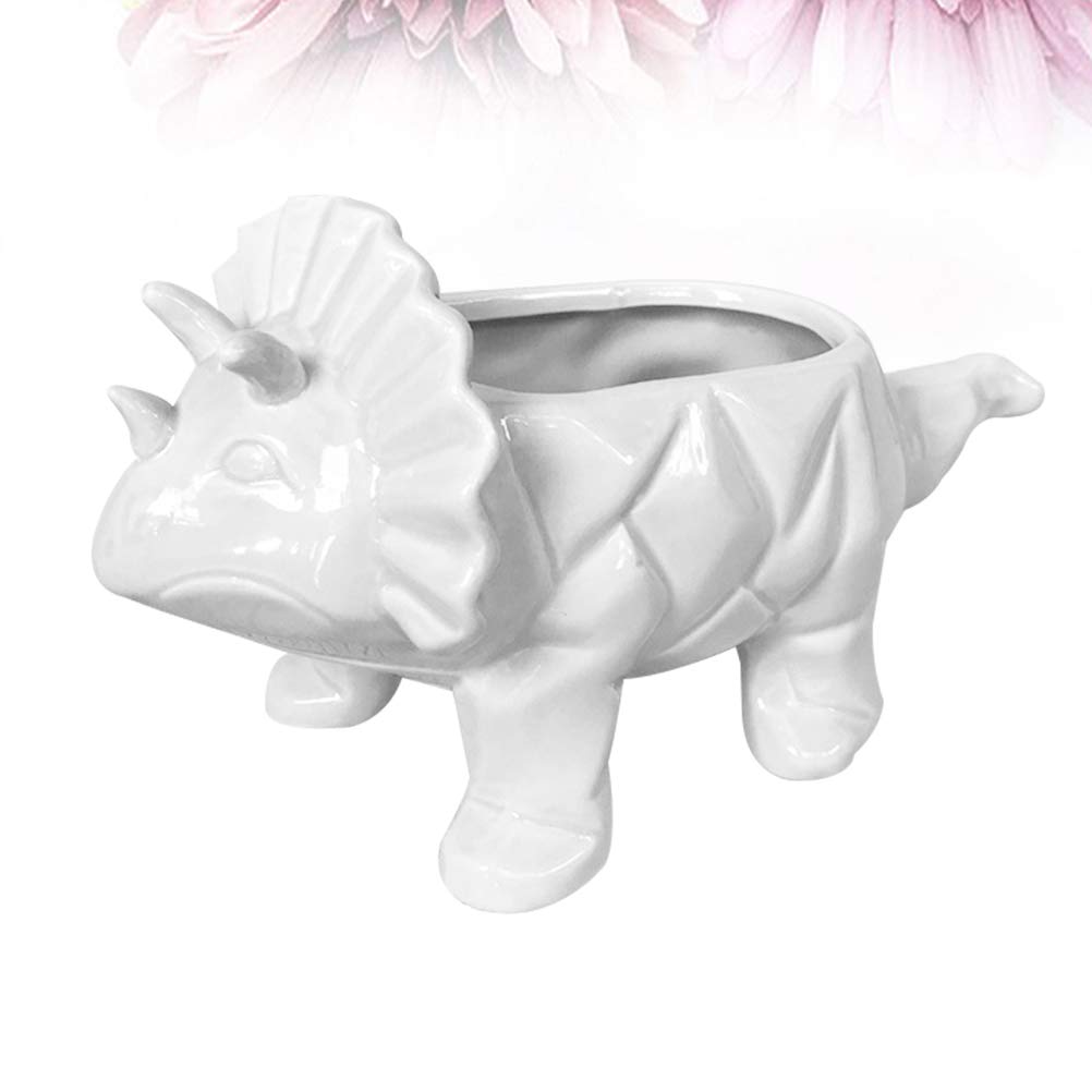 DOITOOL Ceramic Triceratops Succulent Planter - White Dinosaur Flower Pot for Small Plants, Cactus, Air Plants - Perfect for Home, Office Desk Decor & Gift Idea