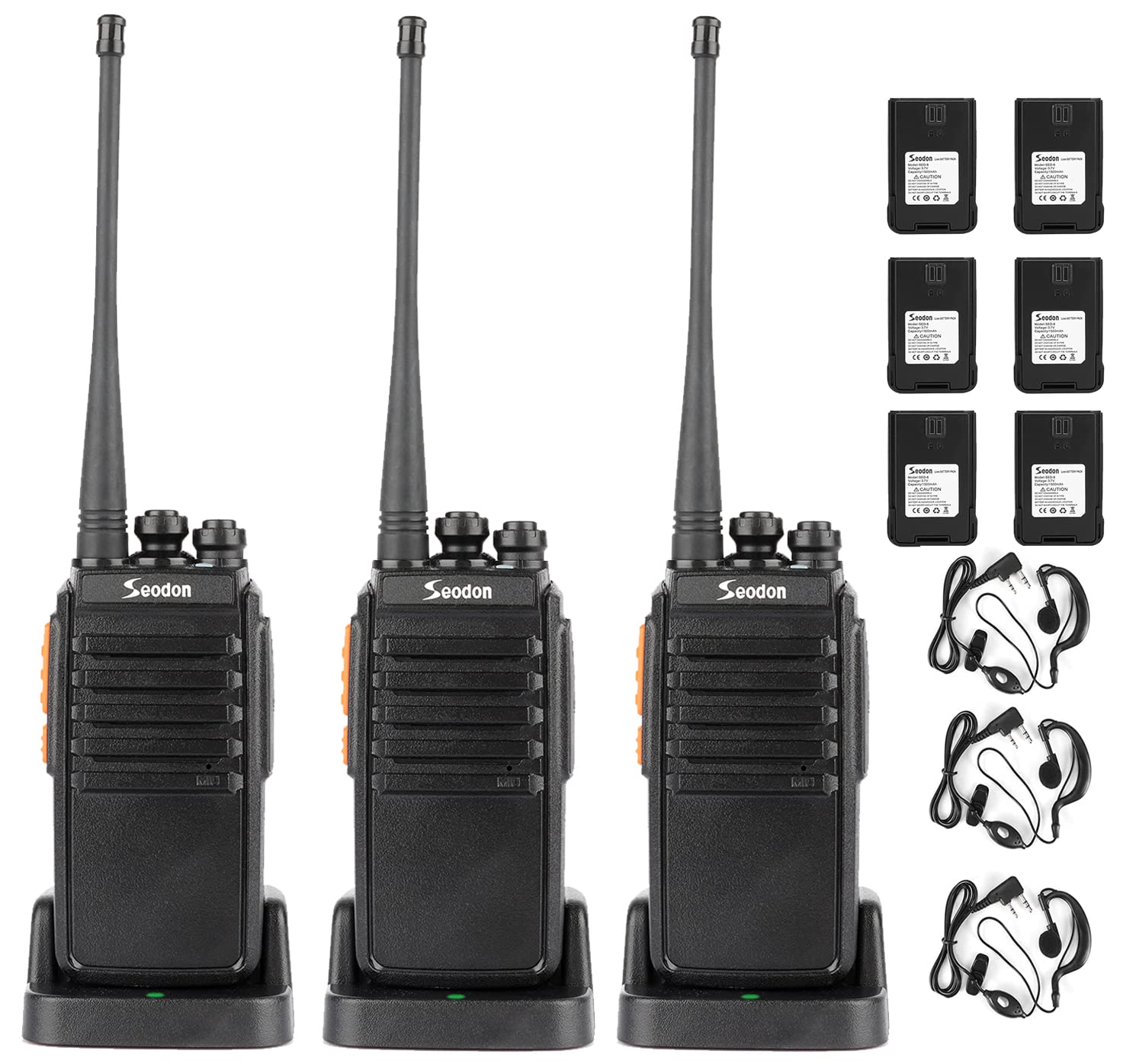 Seodon Long Range Walkie Talkies for Adults - 3 Pack with Backup Batteries & Earpieces | Two Way Radios for Hiking, Camping, Construction & Outdoor Activities