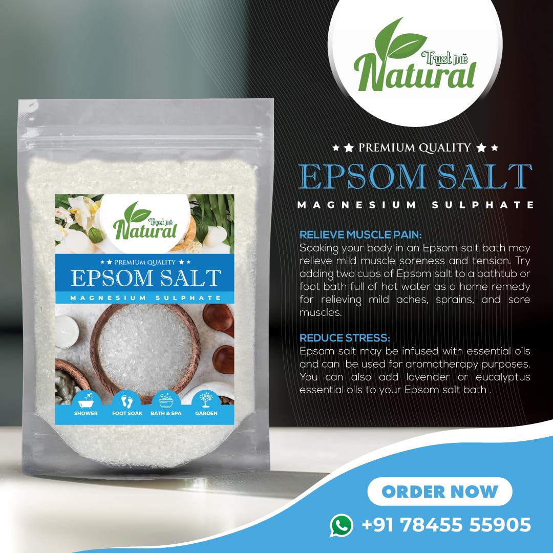 Trust Me Natural Organic Epsom Salt Crystals - 1kg for Muscle Relief, Foot Soak & Pain Relief | Magnesium Sulfate Bath Soak for Relaxation & Gardening | Perfect for Spa, Post-Workout Recovery & Plant Care