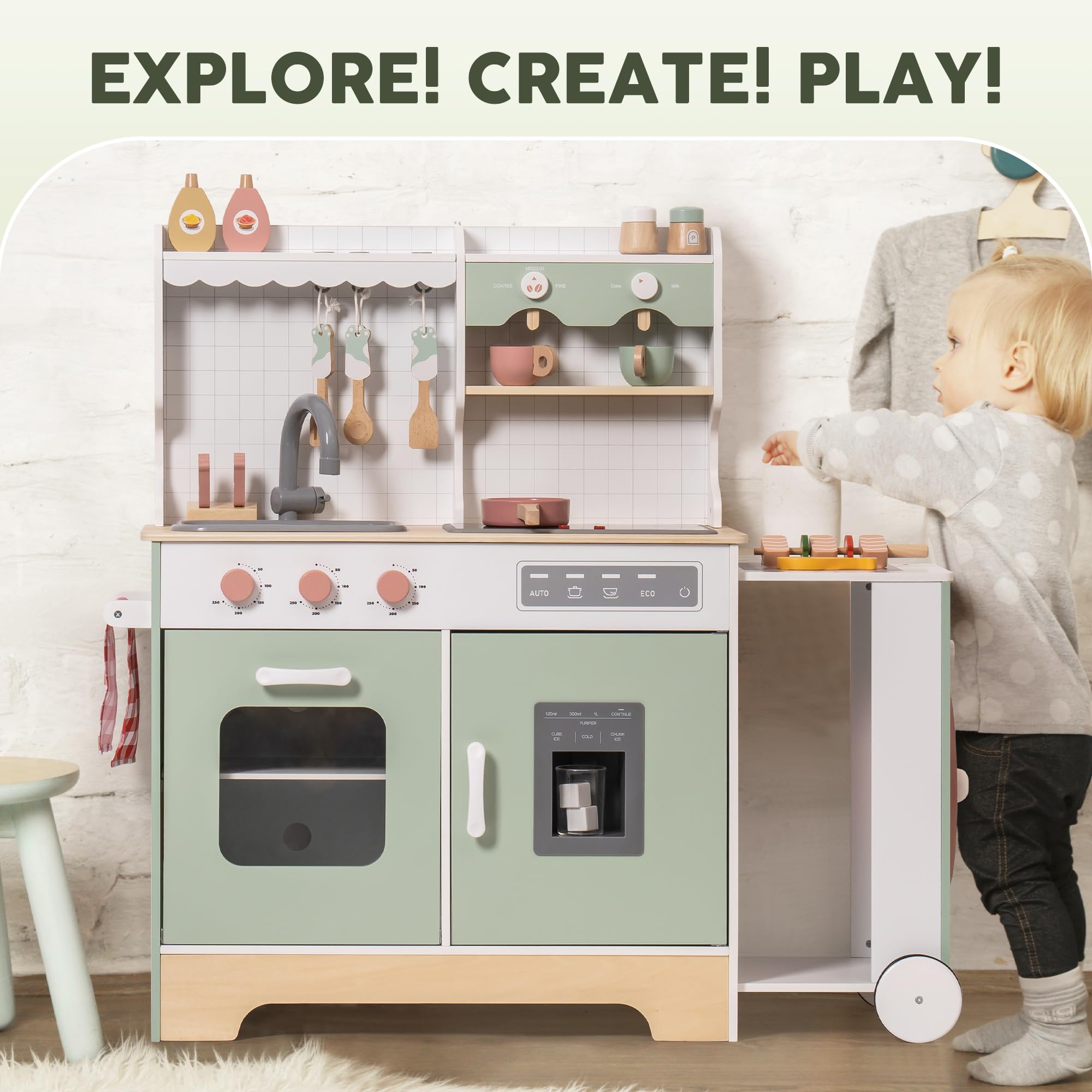 ROBUD Wooden Play Kitchen Set for Kids & Toddlers - Pretend Play Toy Kitchen with BBQ Grill, Ice Maker, Coffee Machine & Accessories - Interactive Kitchen Playset with Lights & Sounds - Perfect Gift for Boys & Girls Ages 3+ - Great for Imaginative Play, Role-Playing & Early Learning Development