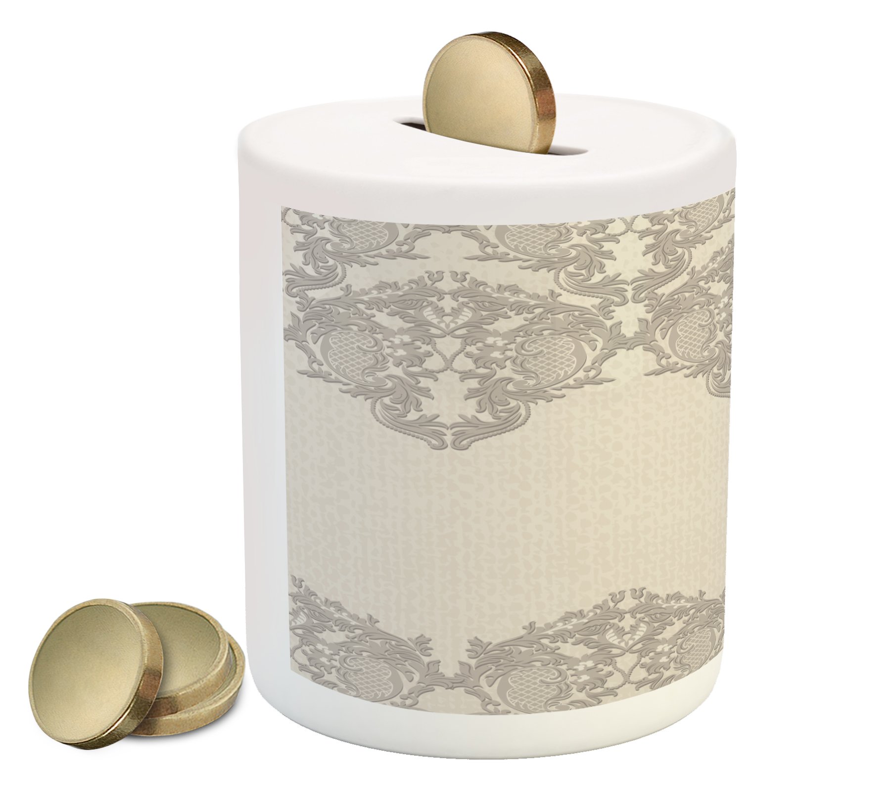 Ambesonne Taupe Ceramic Piggy Bank with Intricate Lace-Like Retro Print - Elegant Money Box for Cash Savings & Coin Collection - Perfect for Home Decor, Gifts, and Financial Education