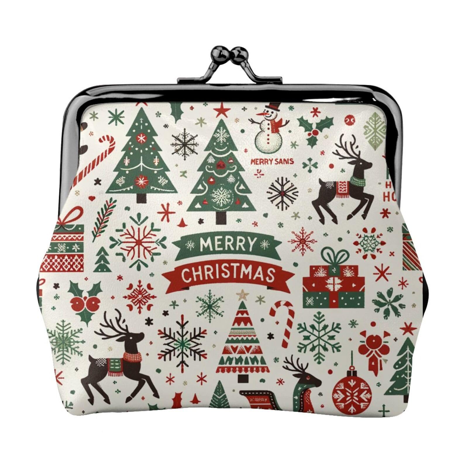 Genuine PU Leather Buckle Coin Purse for Women - Christmas Tree & Candy Cane Pattern Kiss-Lock Wallet - Perfect for Holiday Gifts, Party Favors, and Everyday Use