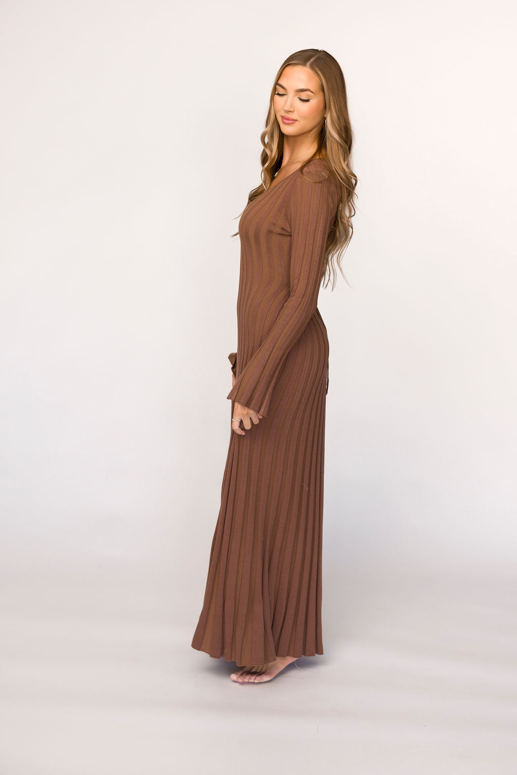 Hadley Long Sleeve V Neck Knit Maxi Dress in Cocoa - Women's Elegant Casual Maxi Dress for Fall & Winter | Perfect for Office, Date Night & Holiday Parties