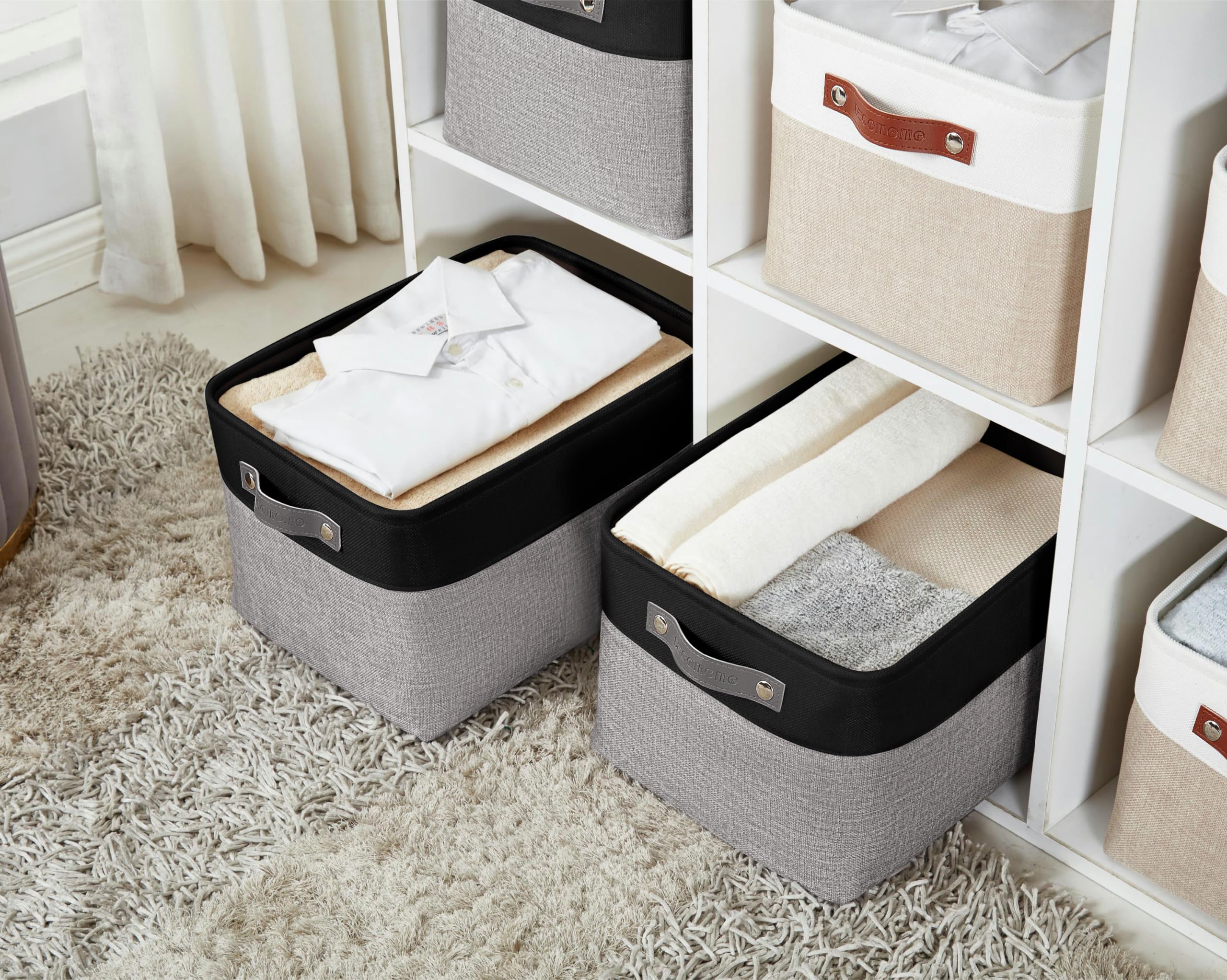 Decomomo Fabric Storage Bins - Large 3-Pack Grey & Black Closet Organizer Baskets for Shelves, Toys, Nursery, and Home Organization | Perfect for Bedroom, Playroom, and Office Storage Solutions