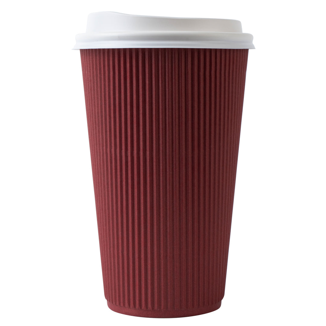 16 oz Crimson Ripple Wall Paper Coffee Cups with White Lids - 20 Count Box (3.5