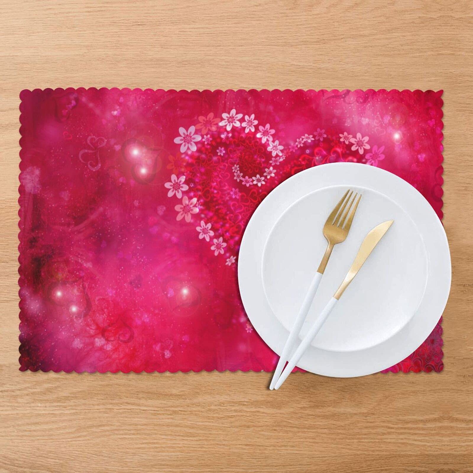 Valentine's Day Placemats Set of 4 - 12x18 Inch Floral Heart Design Washable & Heat-Resistant Table Mats for Kitchen Dining - Perfect for Romantic Dinners, Anniversary Celebrations & Home Decor (Red)