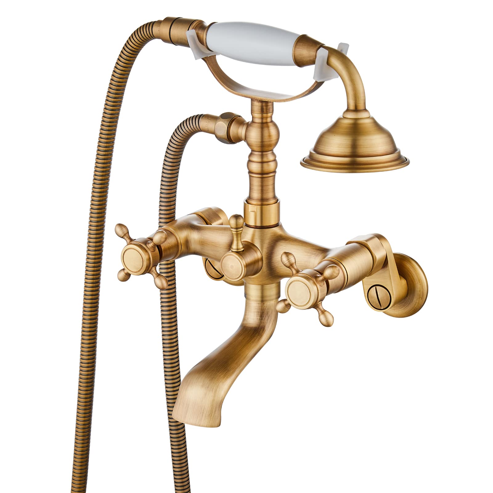 Gotonovo Victorian Clawfoot Bathtub Faucet Set - 6 Inch Center Adjustable Swing Arms, Handheld Shower & Double Cross Handle in Antique Brass - Perfect for Vintage Bathroom Renovations and Luxury Spa Experiences