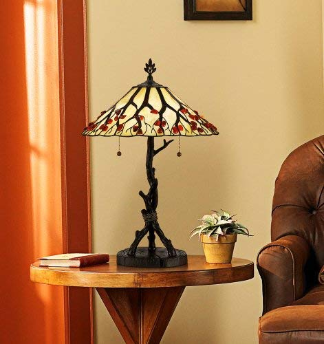 Quoizel Whispering Wood 2-Light Bronze Table Lamp - Handcrafted Tiffany Style Art Glass Desk Lamp with Genuine Agate Stone Accents & Resin Construction - Perfect for Living Room, Bedroom or Office Decor