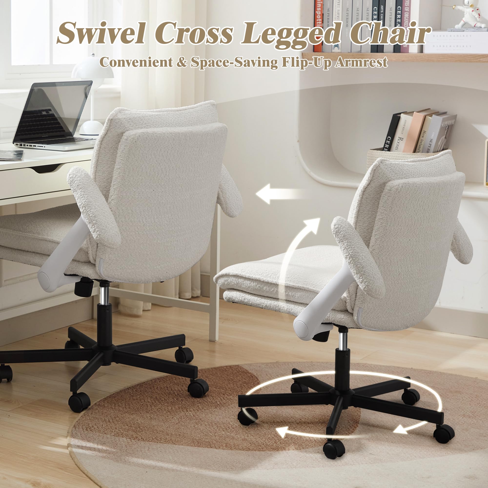 Ergonomic Cross-Legged Office Chair with Wheels & Flip-Up Armrests - Comfortable Upholstered Criss Cross Desk Chair for Home Office, Study, Vanity & Small Spaces - Beige Modern Seat for Working, Reading & Relaxing
