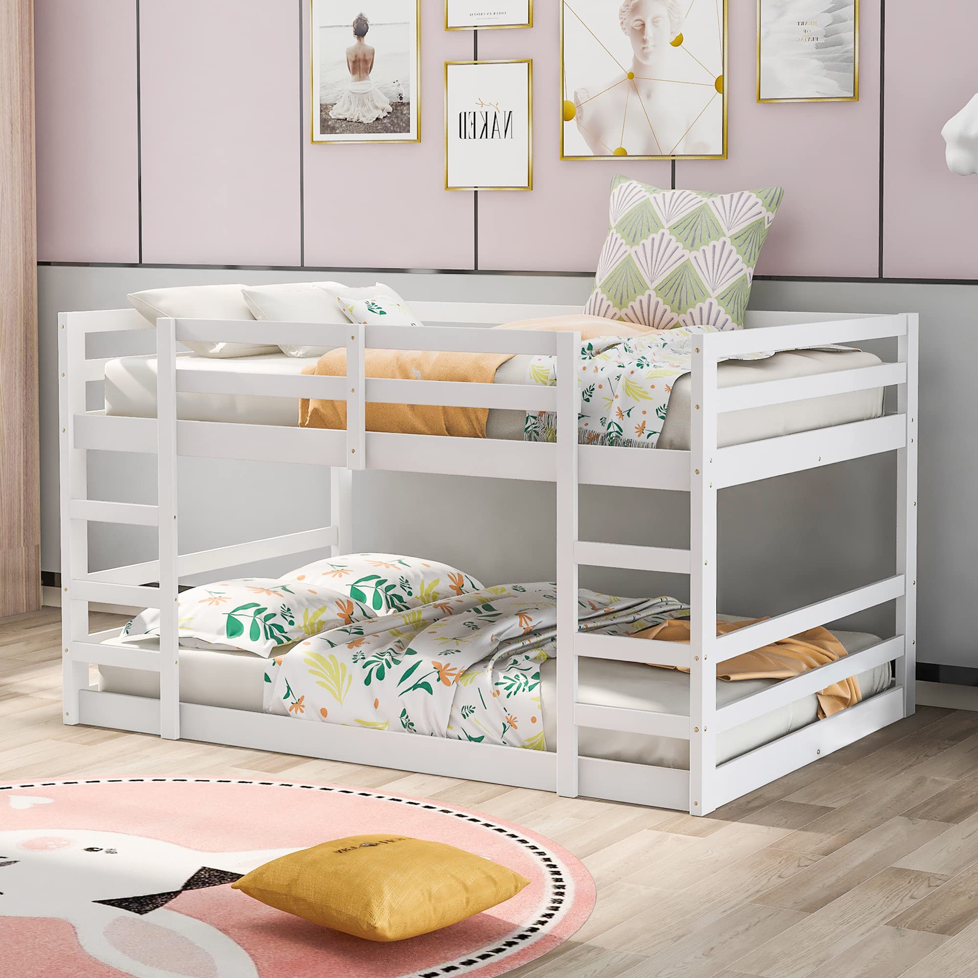 Harper & Bright Designs Full Over Full Low Bunk Bed for Kids - Sturdy Wood Frame with Ladder & Safety Guardrail - No Box Spring Needed - White - Perfect for Small Rooms, Shared Kids Bedrooms & Space-Saving Sleep Solutions