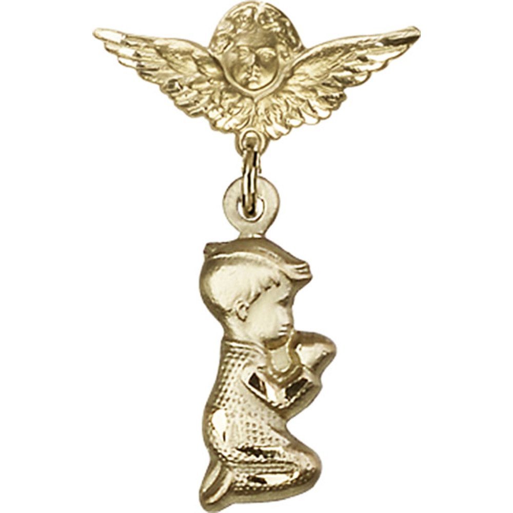 Gold Filled Baby Badge Pin with Praying Boy Charm & Angel Wing Charm - 1 1/8 X 3/4 inches - Perfect for Christening Gifts, Baby Showers & Keepsake Jewelry