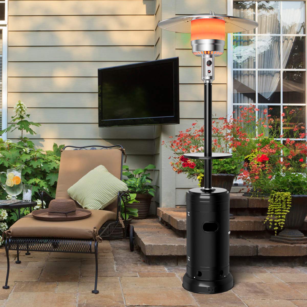 50,000 BTU Portable Propane Patio Heater with Wheels & Shelf Tabletop - Stainless Steel Burner, Auto Shut Off & Tip-Over Protection - Outdoor Heating for Backyard, Deck, Garden & Restaurant Use