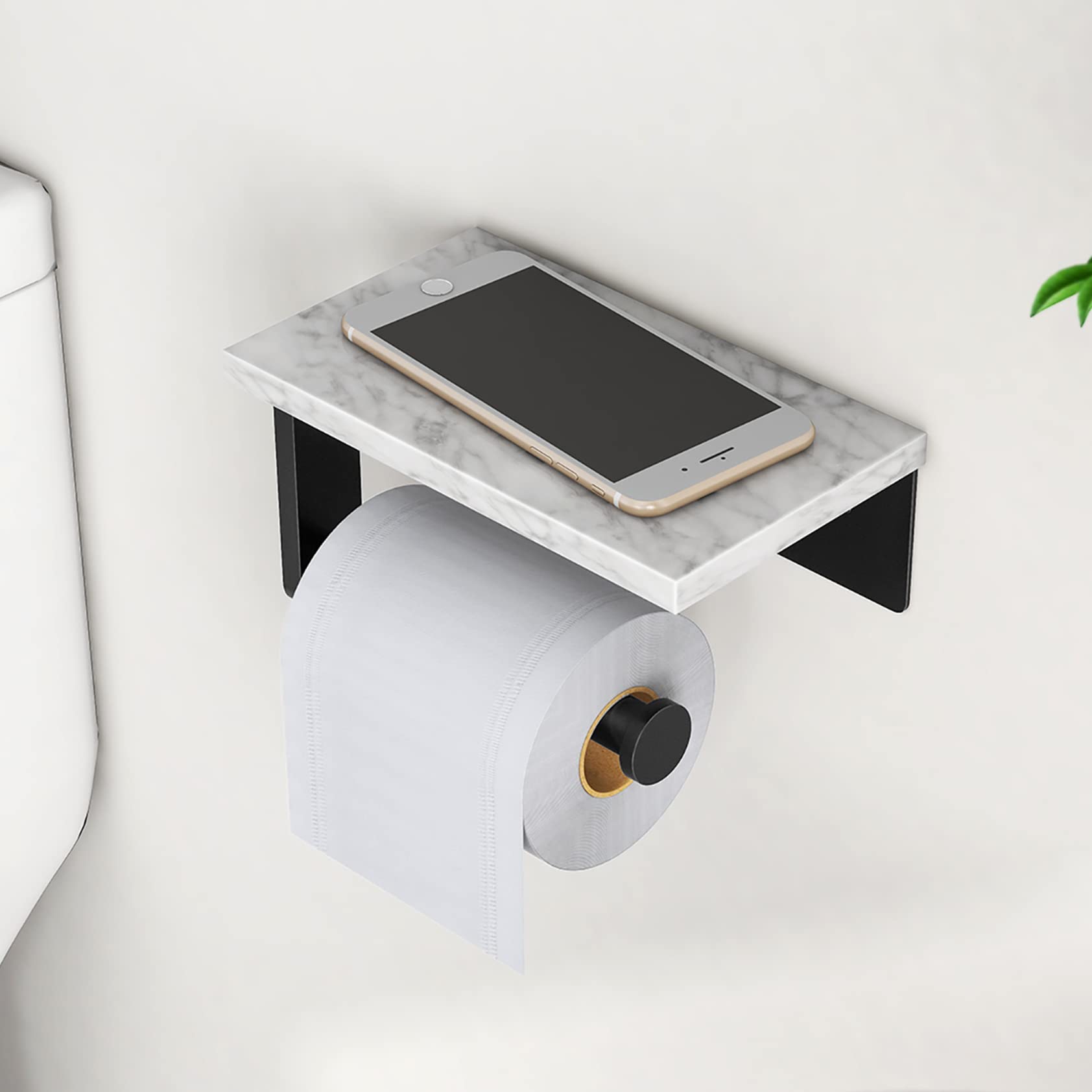 Premium Matte Black Marble Toilet Paper Holder with Shelf - 304 Stainless Steel Wall Mounted Bathroom Tissue Roll Holder - Perfect for Modern Bathrooms, Powder Rooms & Luxury Washrooms