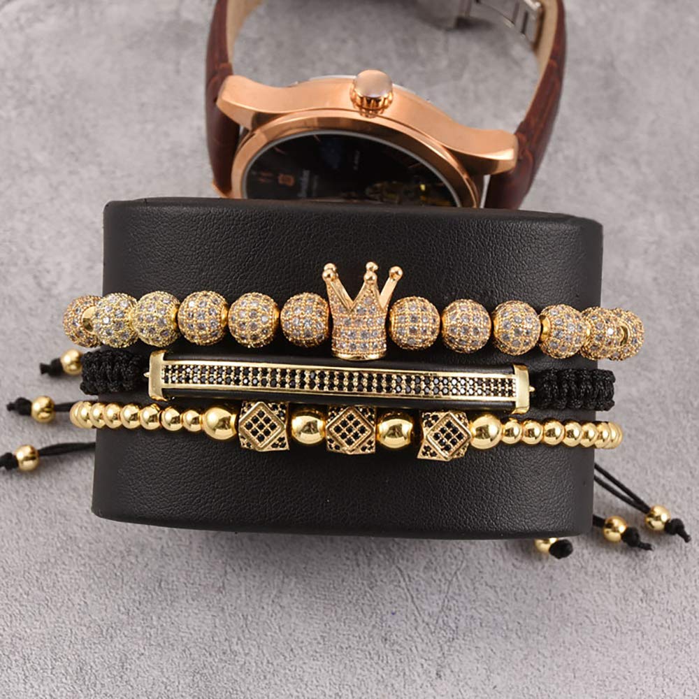 WFYOU Imperial Crown Bracelet for Men - 18kt Gold Plated Cubic Zirconia Beaded Cross Charm Bracelet - Luxury Gift for Him - Perfect for Weddings, Parties & Formal Occasions