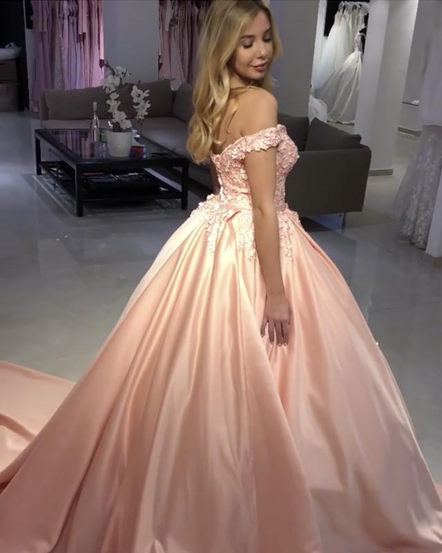 Elegant Blush Pink Satin Ball Gown with Lace Off-Shoulder Neckline - Perfect for Prom, Wedding, and Formal Evening Events
