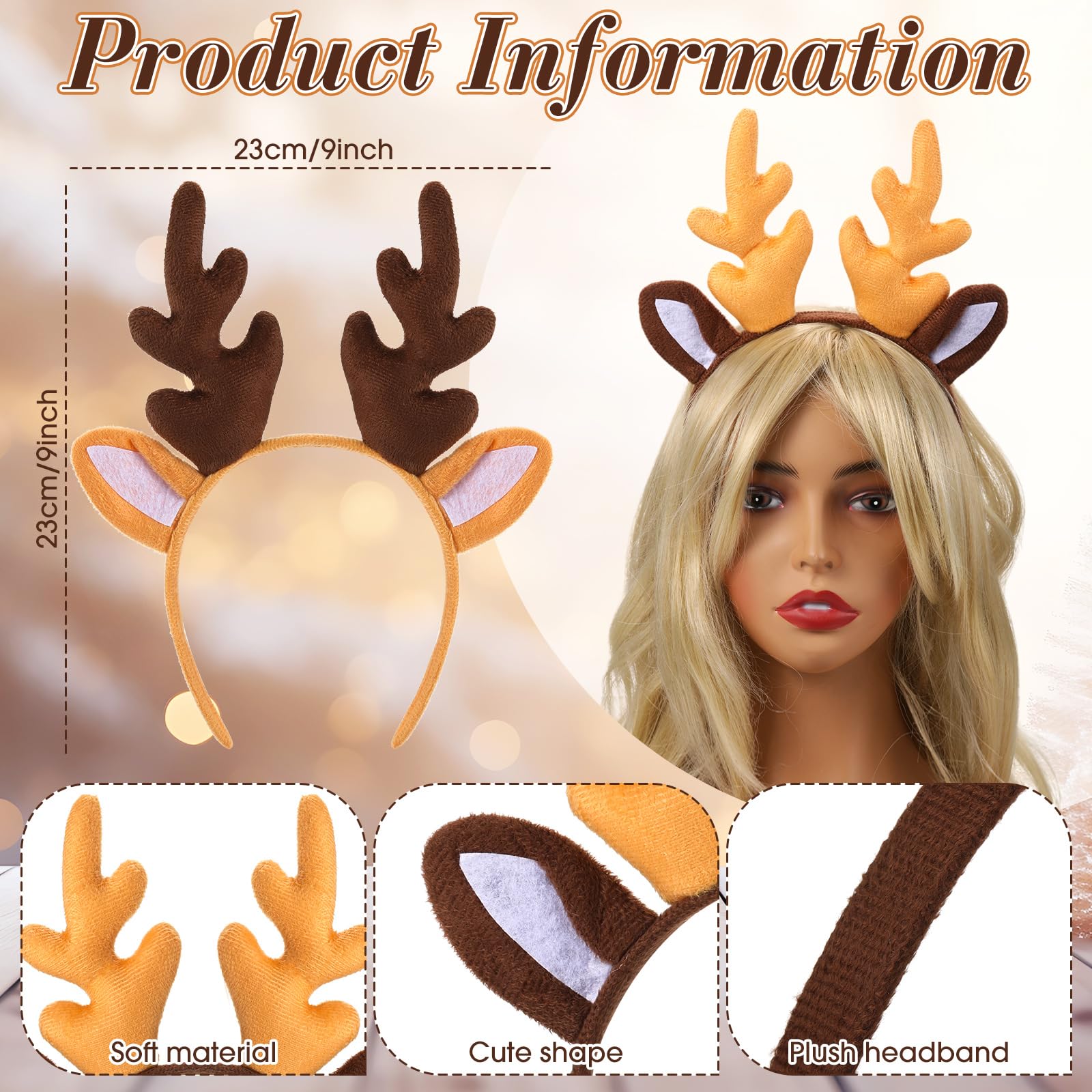 Bememo 2-Pack Christmas Reindeer Antler Headbands for Women - Festive Holiday Party Hair Accessories for Christmas Costumes, Photo Props & Ugly Sweater Parties