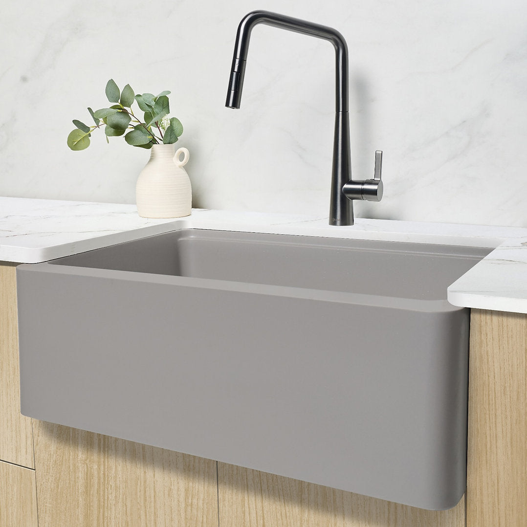 Stylish 30-inch BRONTE S 830WL Farmhouse Apron Front Grey Composite Granite Single Bowl Kitchen Sink - Perfect for Modern Farmhouse & Rustic Kitchen Renovations