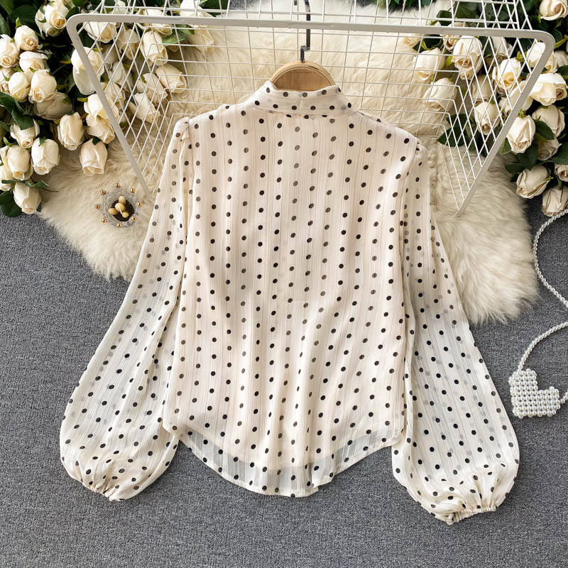 Elegant Chiffon V-Neck Bow Puff Sleeve Polka Dot Blouse for Women | Summer Casual & Party Wear | Perfect for Office, Date Night & Special Occasions