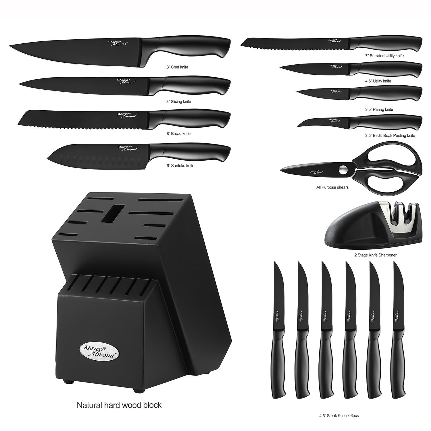 Marco Almond® 17-Piece Stainless Steel Kitchen Knife Set with Block & Sharpener MA23 – Professional Chef Knives for Cooking, Slicing, Dicing – Perfect for Home Kitchens & Culinary Enthusiasts
