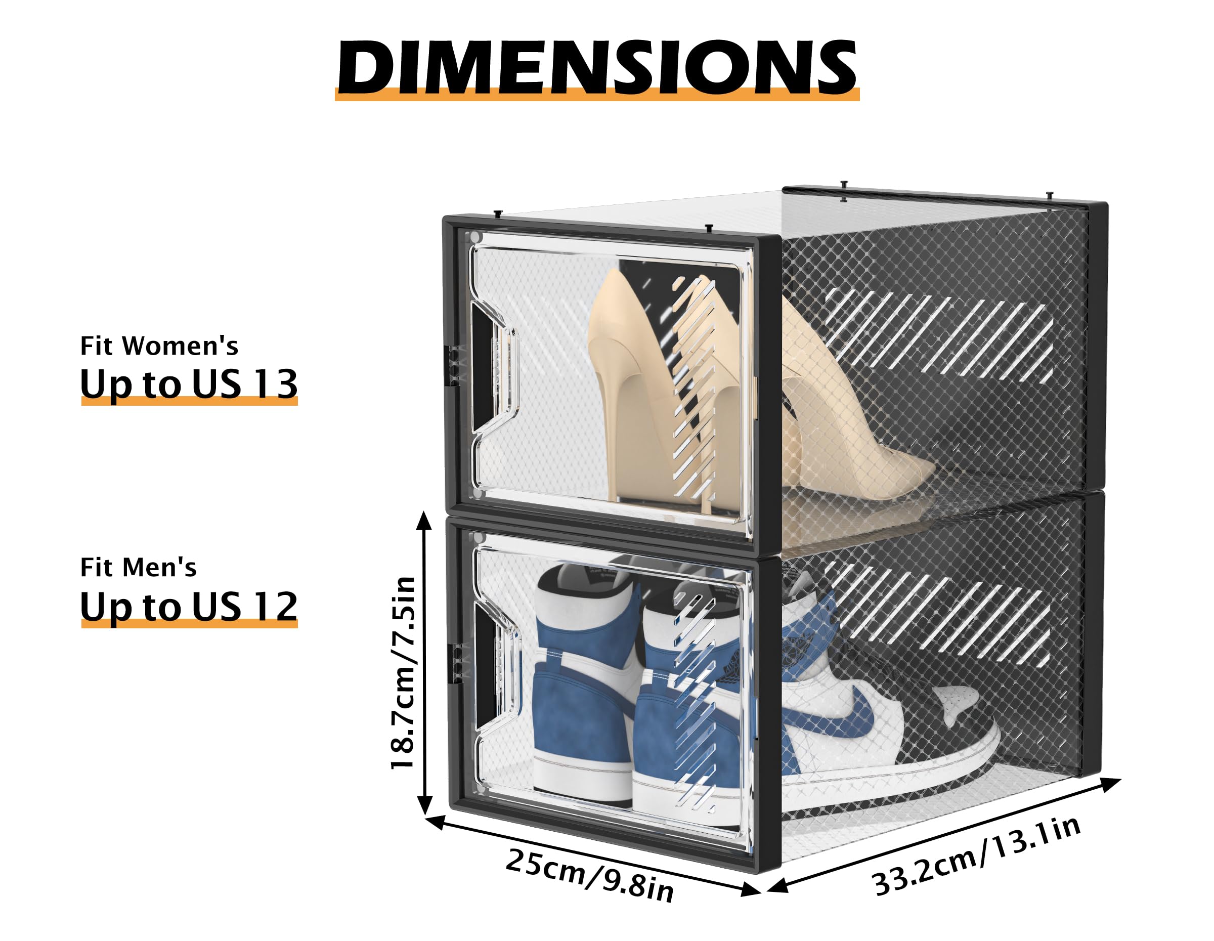 12 Pack X-Large Clear Plastic Stackable Shoe Storage Boxes for Closet - Fits Size 13 Shoes | Perfect for Organizing Sneakers, Boots & Heels in Bedroom, Entryway or Dorm