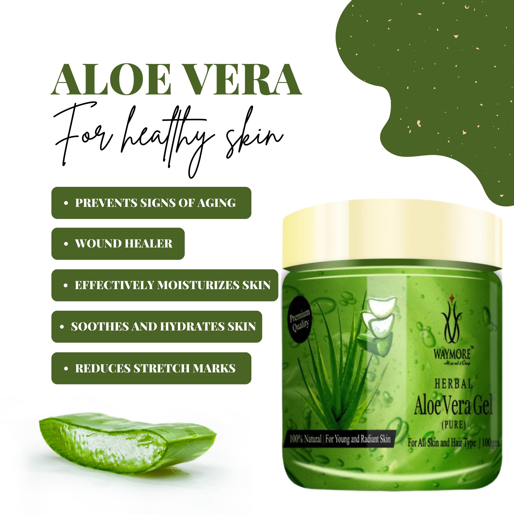 WAYMORE Pure Aloe Vera Gel for Skin & Hair Care - 100% Natural Moisturizer for Face, Body & Scalp - Soothes Sunburn, Acne & Dry Skin - 3.5oz (100g) Pack of 1 - Perfect for Daily Skincare Routine & After-Sun Relief