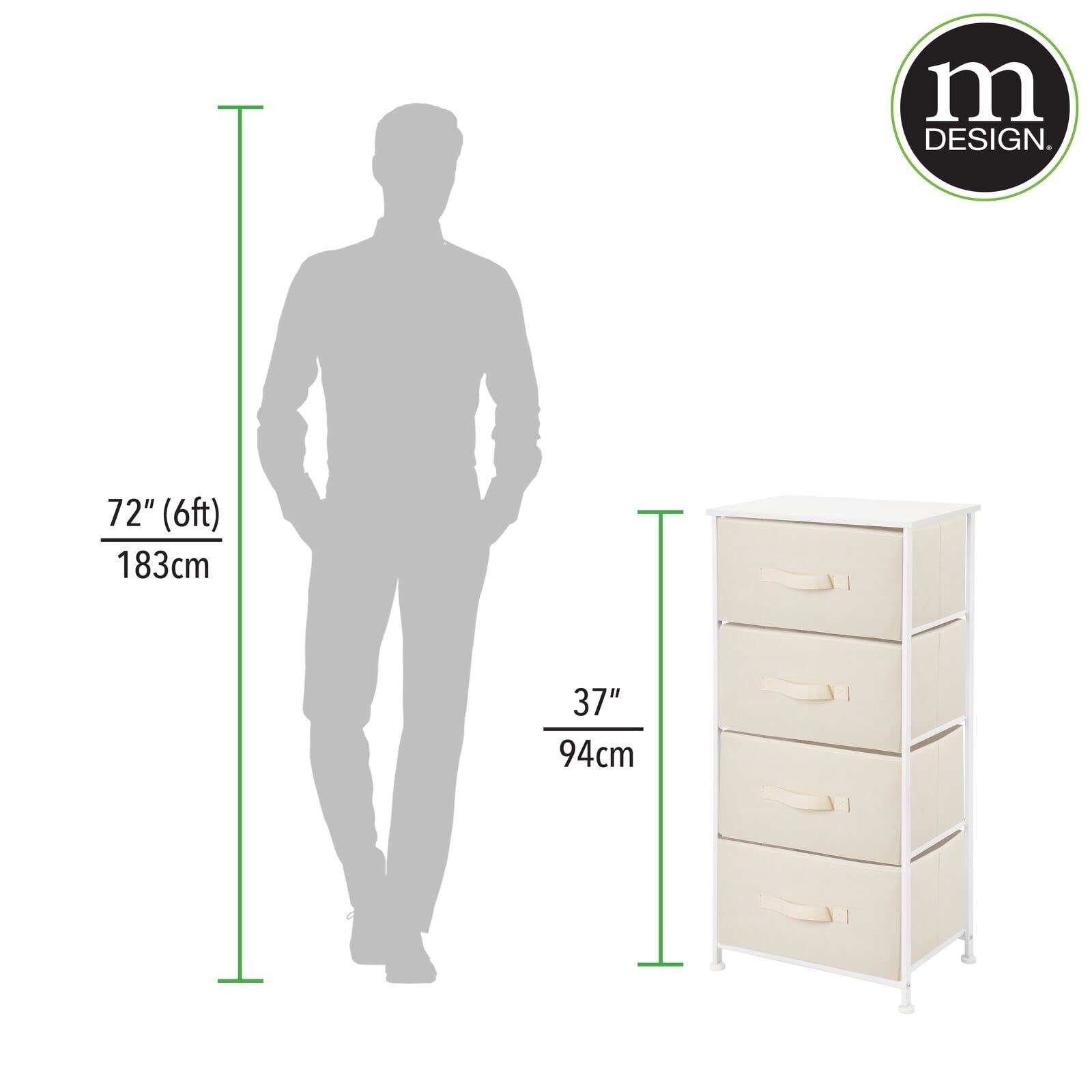 mDesign 4-Drawer Fabric Storage Tower Organizer - Steel Frame & Wood Top Dresser for Bedroom, Closet, Entryway - Jane Collection in Cream/White | Perfect for Small Space Organization & Home Decor