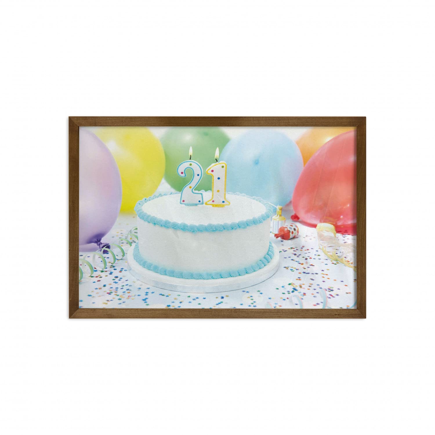 Ambesonne 21st Birthday Framed Wall Art - USA Legal Age Celebration Decor with Colorful Balloons & Cake Print - White & Pale Blue Fabric Wall Hanging with Teak Wood Frame (35