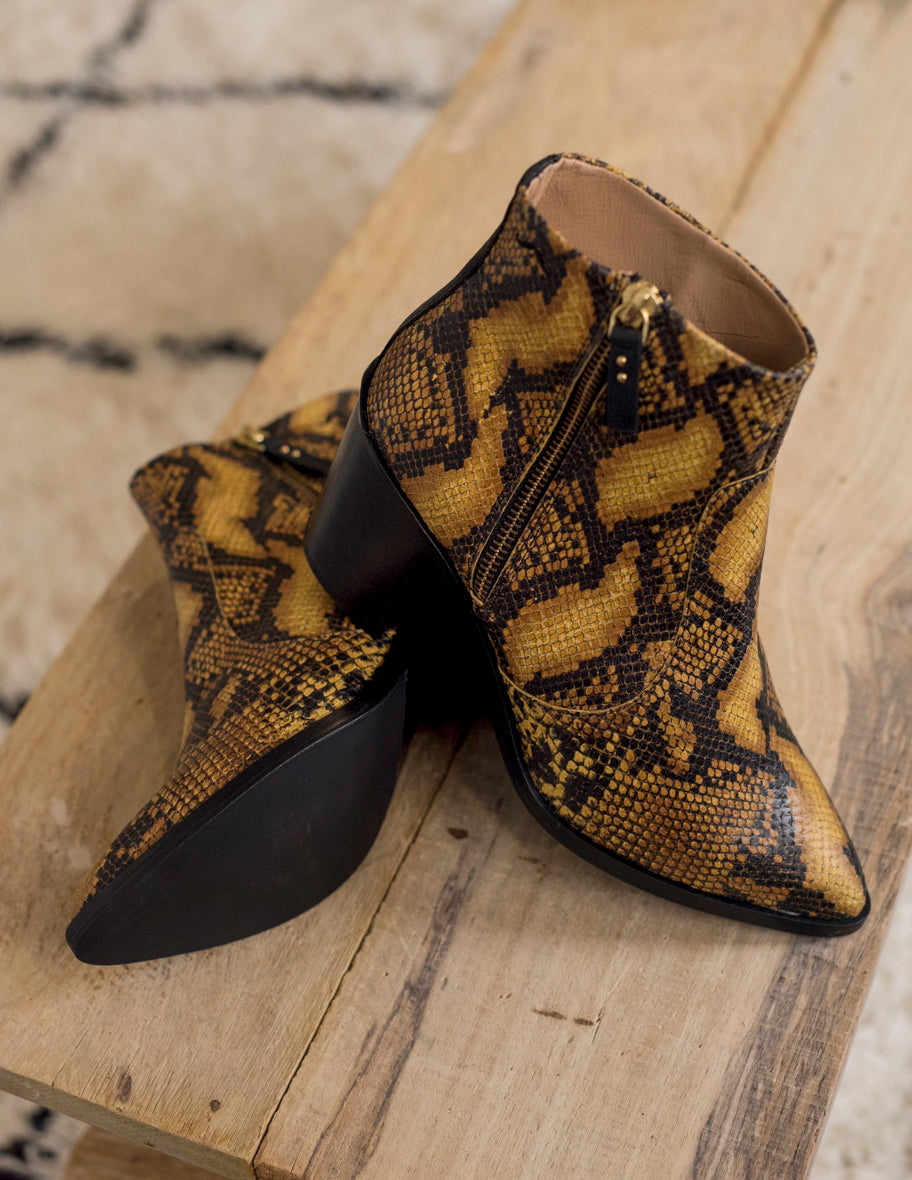Celeste Python Leather Cognac Heel Booties - Stylish Women's Ankle Boots for Fall & Winter Fashion Outfits