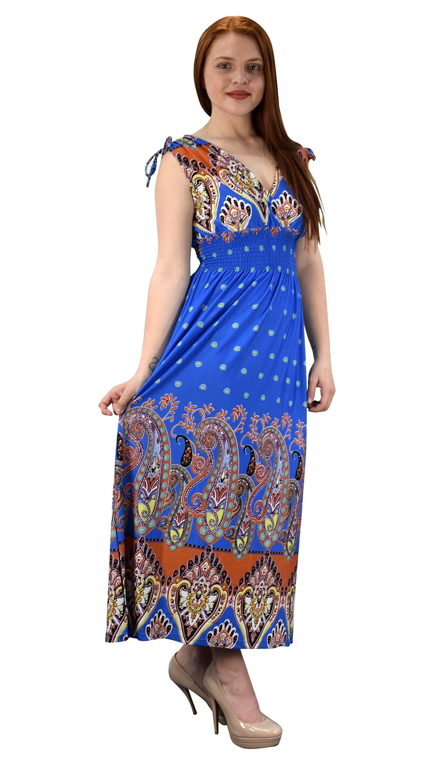 Exotic Floral Bohemian Tahiti Sleeveless Maxi Dress for Women - Blue Polka Dot Summer Beach Dress, Large Size | Perfect for Beach Vacations, Pool Parties & Tropical Getaways