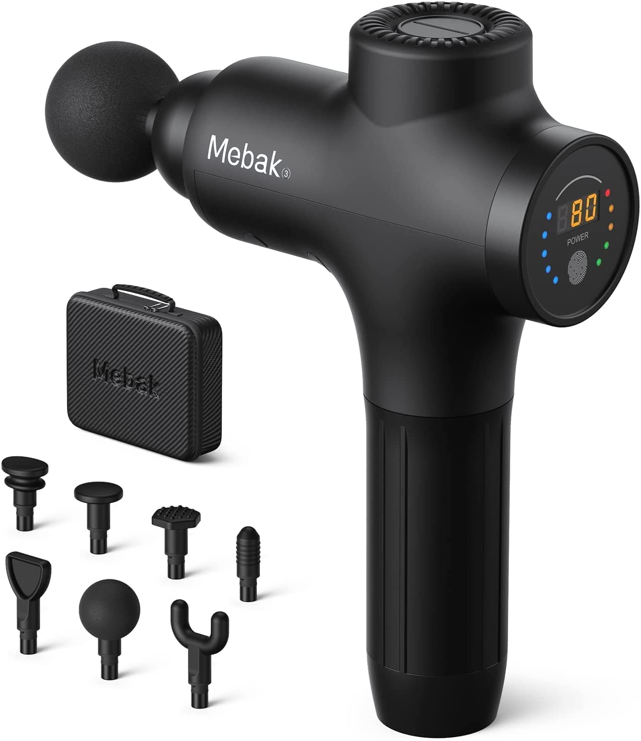 Mebak 3 Deep Tissue Massage Gun - Portable Electric Muscle Massager with 7 Interchangeable Heads & 5 Speed Levels, 12mm Amplitude, Ultra Quiet for Pain Relief - Perfect for Athletes, Gym Recovery & Home Relaxation