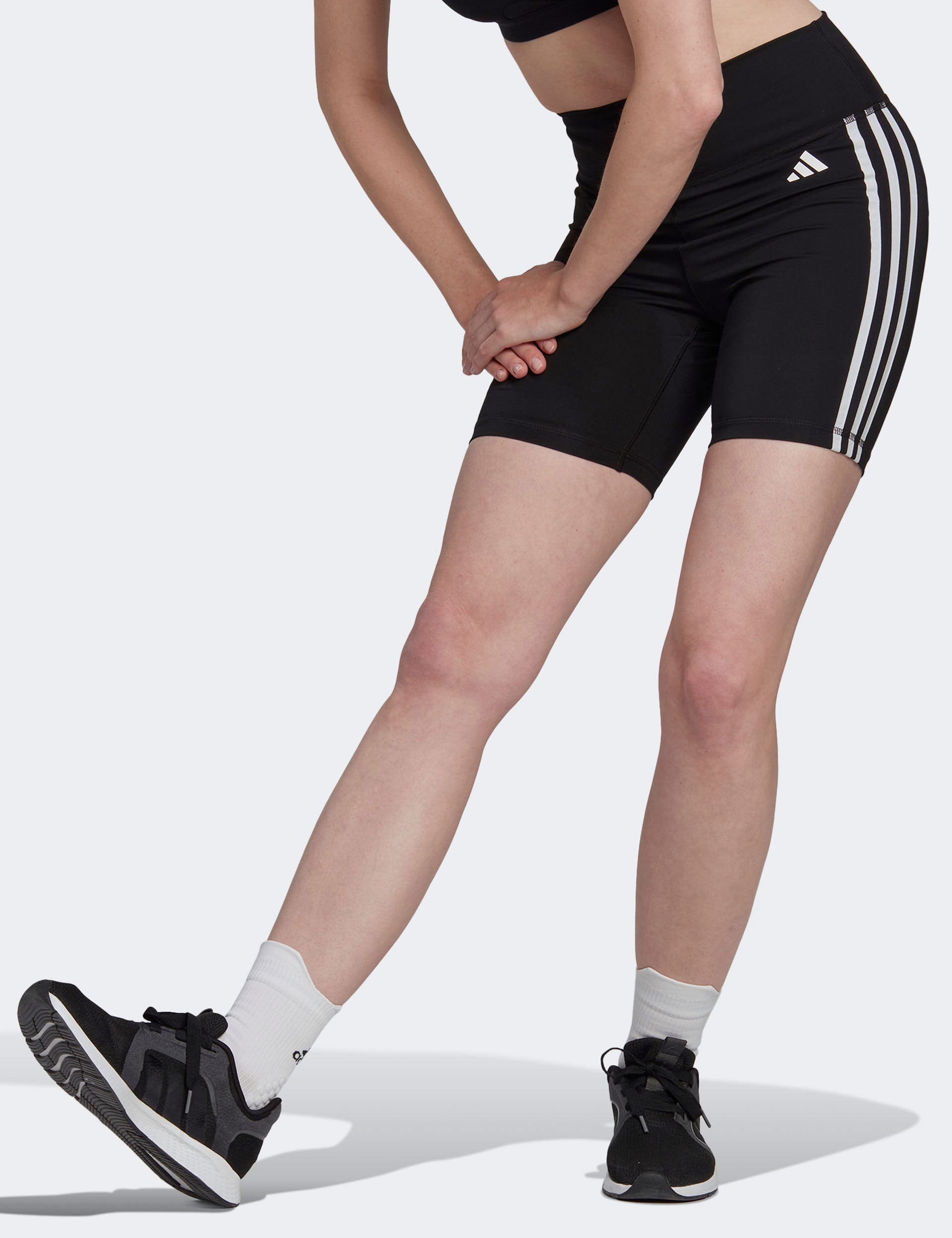 High Waisted Short Leggings with 3 Stripes - Women's Workout Training Essentials in Black | Perfect for Yoga, Running & Gym
